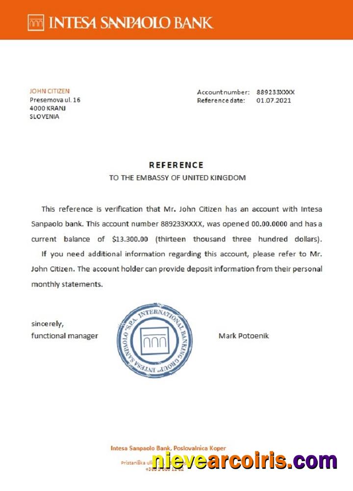 Slovenia Intesa Sanpaolo bank reference